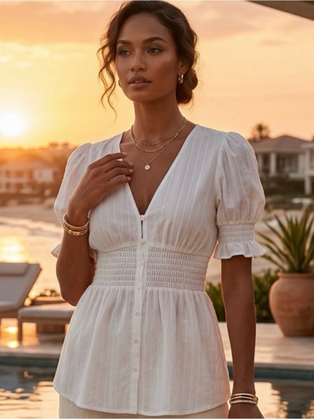Culture Code White Smocked Waist V-Neck Peplum Top with Puff Sleeves